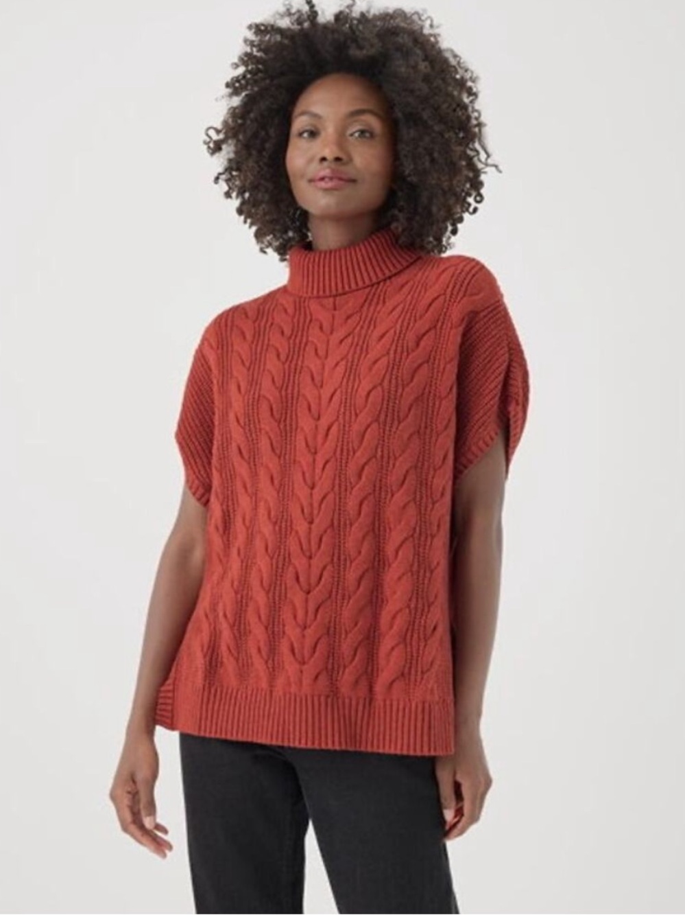 Pact Cable Knit Poncho Tunic Turtleneck Short Sleeve Organic Cotton Sweater M/L